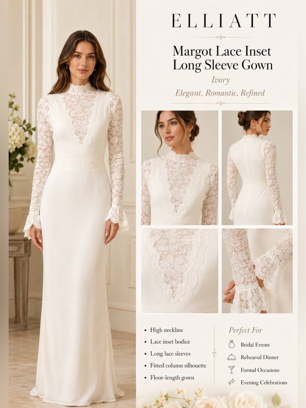 Elliatt Margot Lace Inset Long Sleeve Gown Ivory Lace High-Neck Long DM